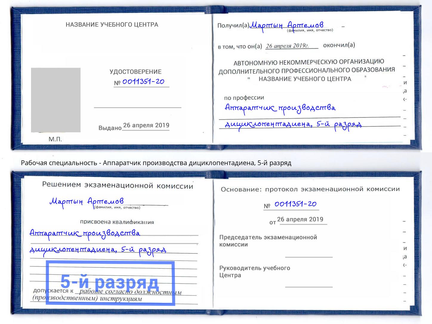 корочка 5-й разряд Аппаратчик производства дициклопентадиена Томск