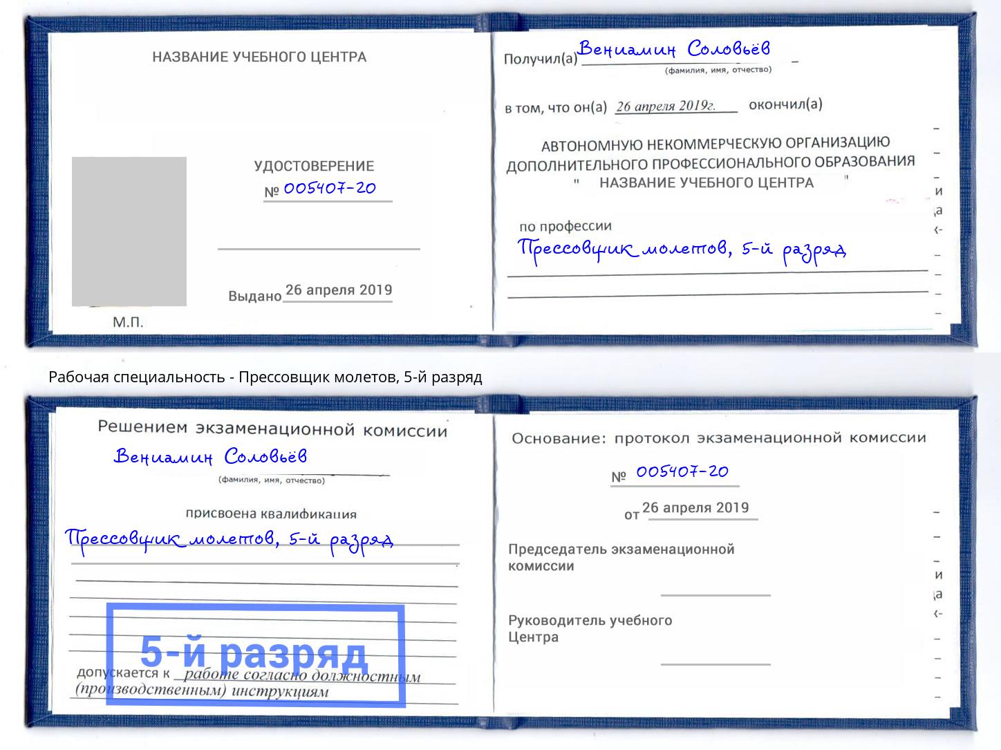 корочка 5-й разряд Прессовщик молетов Томск