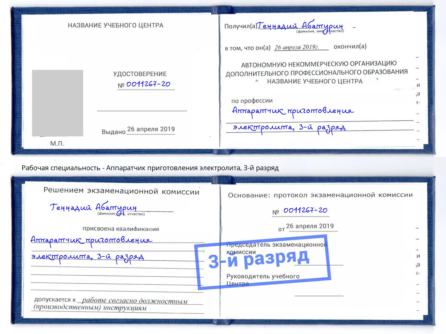 корочка 3-й разряд Аппаратчик приготовления электролита Томск
