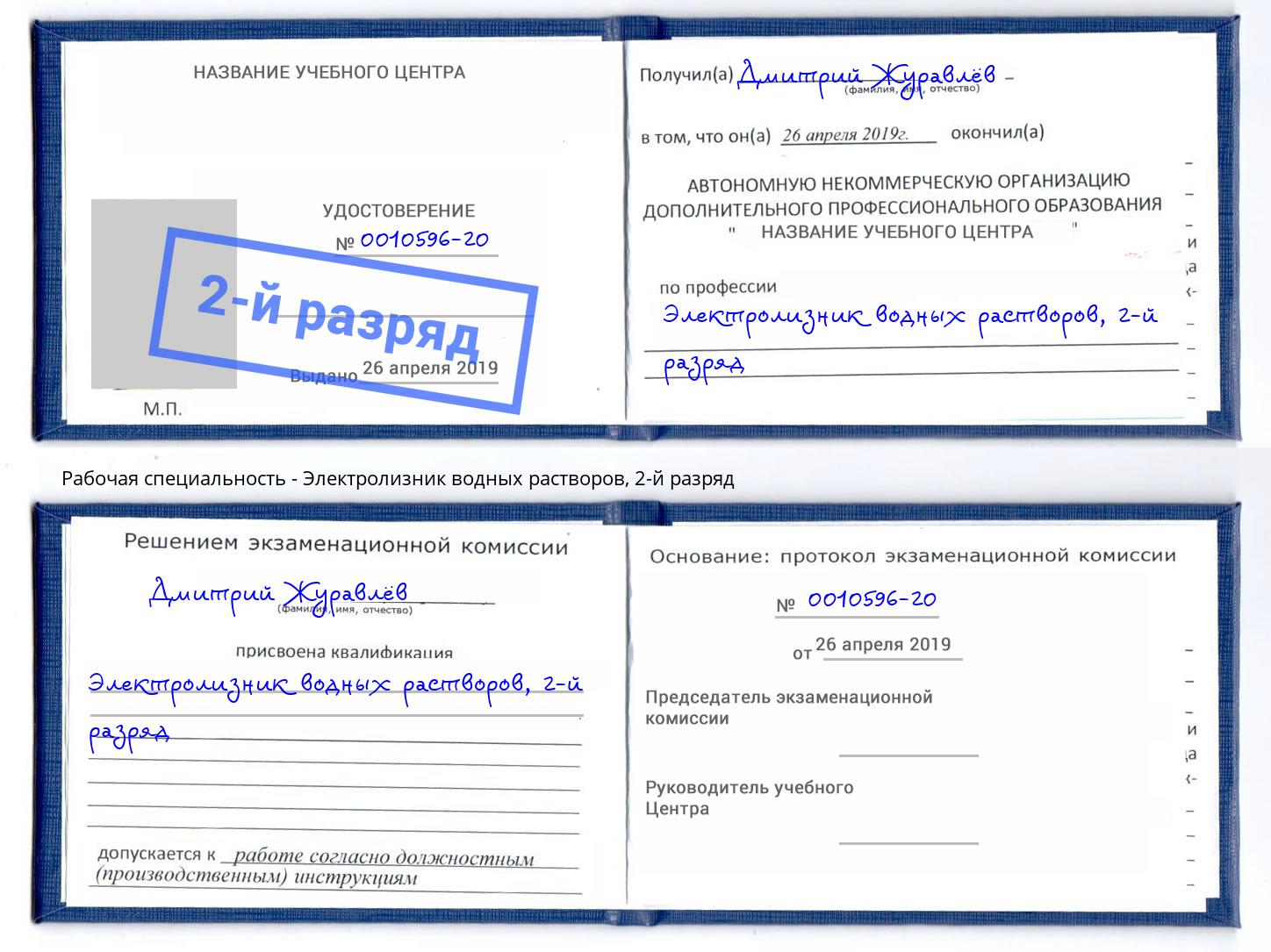 корочка 2-й разряд Электролизник водных растворов Томск