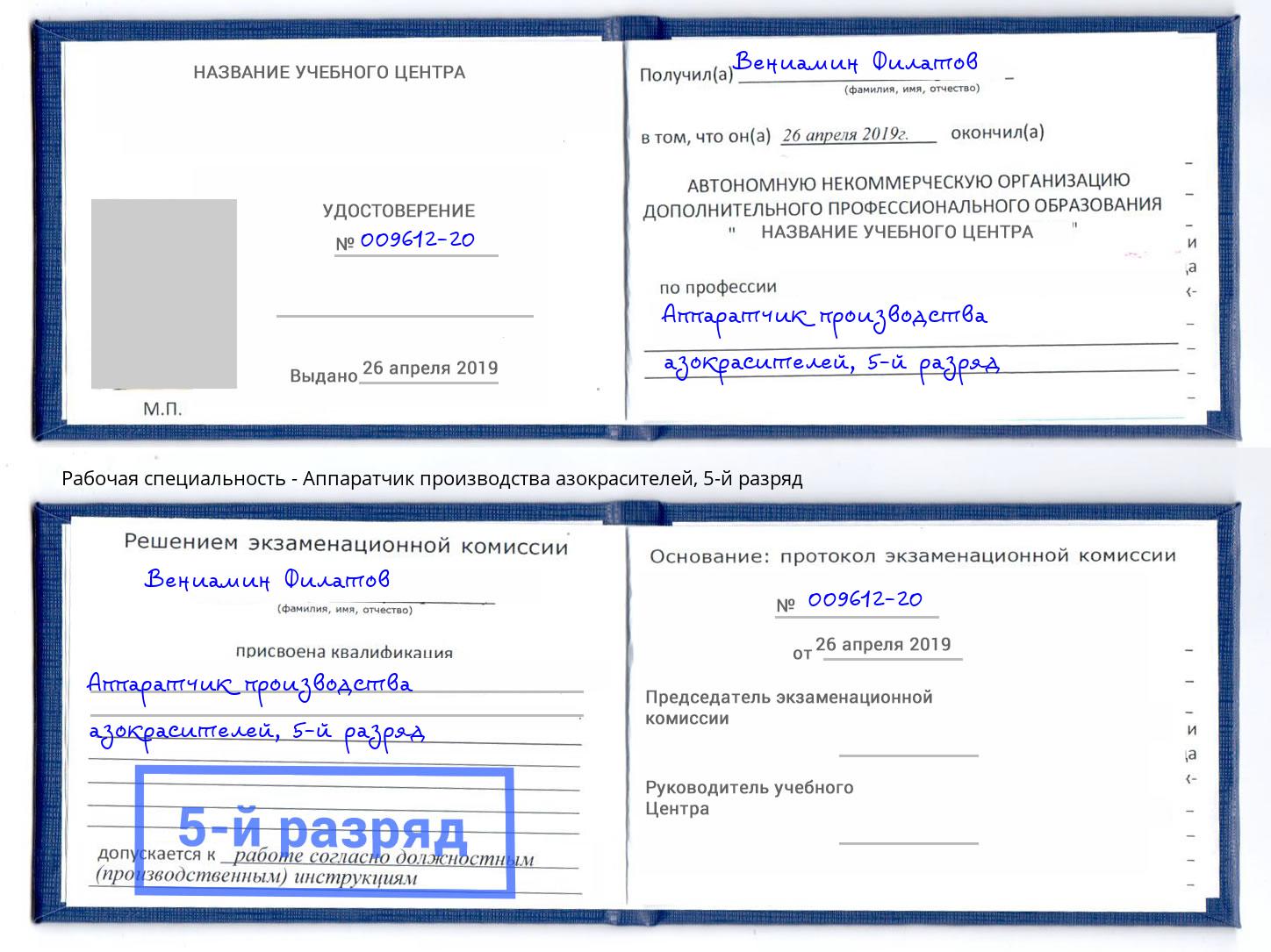 корочка 5-й разряд Аппаратчик производства азокрасителей Томск