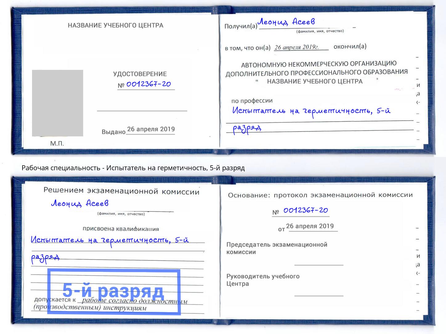 корочка 5-й разряд Испытатель на герметичность Томск