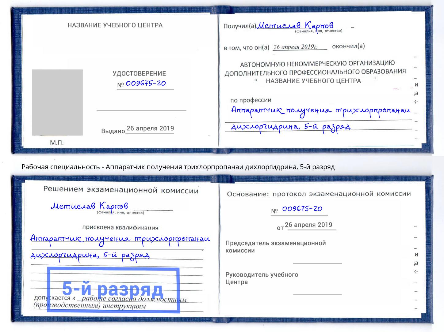 корочка 5-й разряд Аппаратчик получения трихлорпропанаи дихлоргидрина Томск